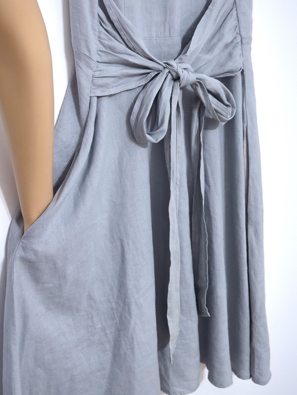 Malvin Germany Linen Ramie Tie Front Midi Dresss Grey Blue Coastal Minimalist XL - Picture 5 of 8
